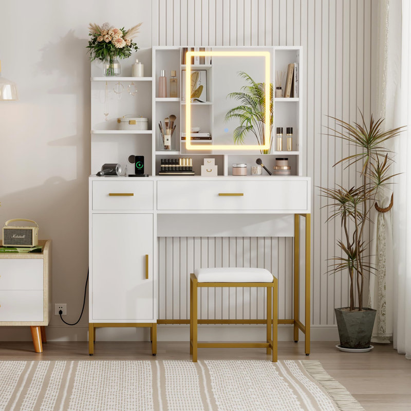 Coiffeuse de maquillage avec prise de courant, bureau de coiffeuse avec miroir et lumières, Blanc