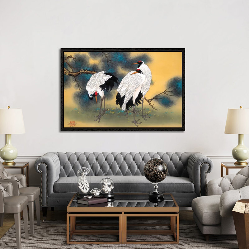 Morning Cranes - Painting on Canvas, 152.5 cm H x 101.5 cm W, Black Framed