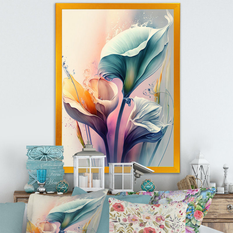 «Colorful Cally Lilies II», reproduction sur toile, H 32 po x l 16 po x P 1 po, Toile encadrée dorée avec coins fermés