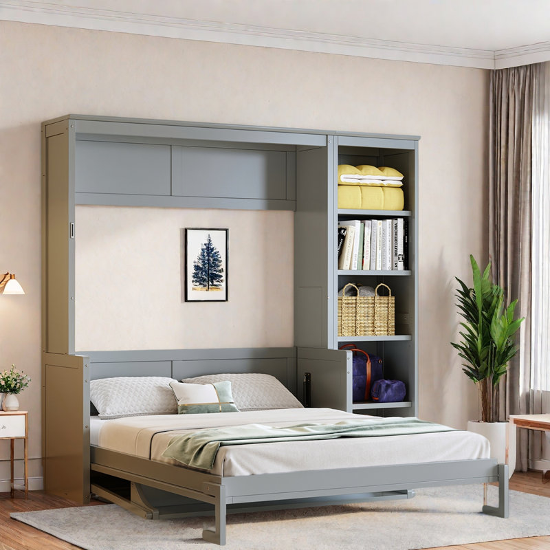 Lit escamotable avec bureau et tablettes Murphy, Double, Gris
