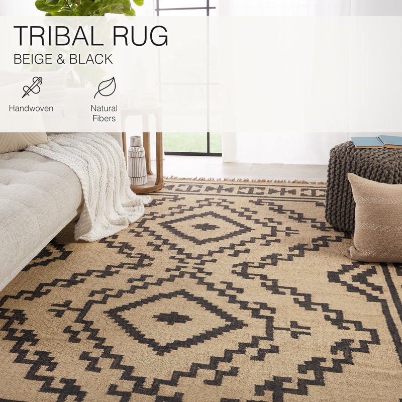 Southwestern Beige and Black Handwoven Jute Rug with Medallion Pattern