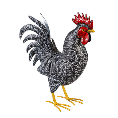 Metal Rooster With Dark Feathers Garden Statue, 14in