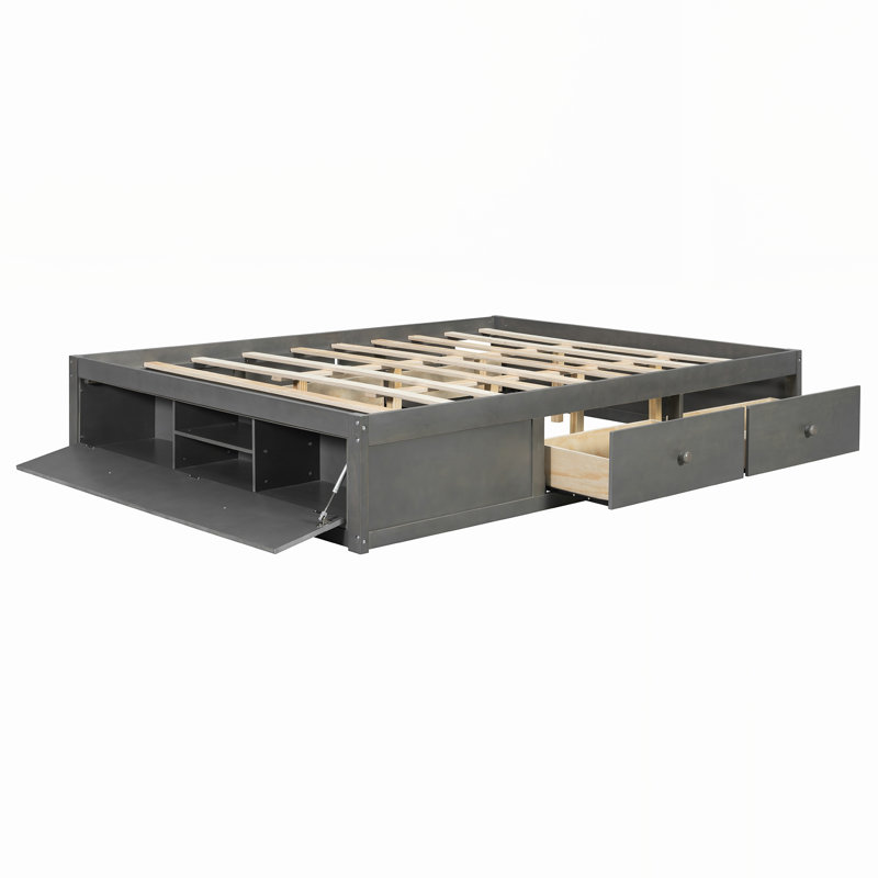 Grand lit plateforme avec 4 tiroirs de rangement et pied de lit à levage hydraulique, Gris