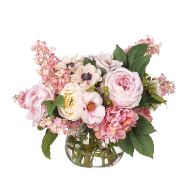 Rose Hydrangea, Cream Pink, Glass Vase, 19wx15dx14h