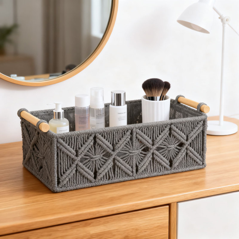 Handwoven Macrame Storage Baskets, Woven Organizer Boxes For Home Decor And Storage Solutions, Gray