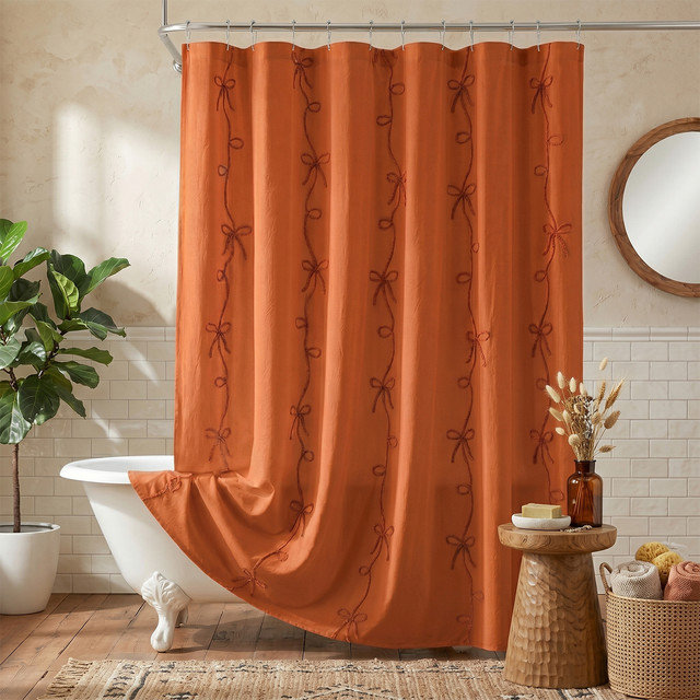 Rideau de douche Lipa orange foncé avec nœud brodé et cordon, 183 x 183 cm, Orange foncé