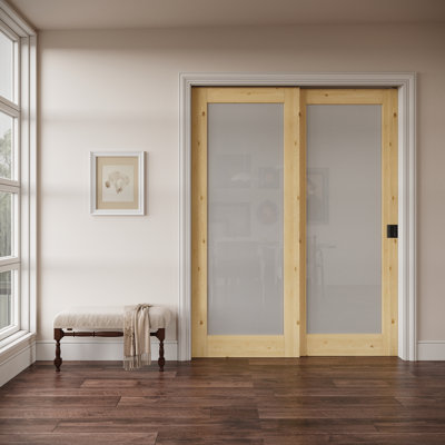 Intérieur en bois de pin 1-Lite et porte en verre givré de style colonial, avec portes de contournement solides, avec cadre solide renforcé et serrure de poche noire et trousse de quincaillerie, non fini et à peindre, pour garde-manger, chambre à coucher et garde-robe, facile à nettoyer, 60 po x 80 po "