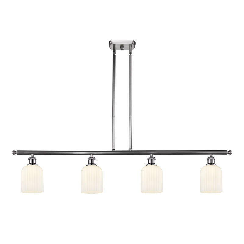 Luminaire suspendu pour îlot de cuisine 4 lumières Fiennes, Nickel satiné, Blanc brillant