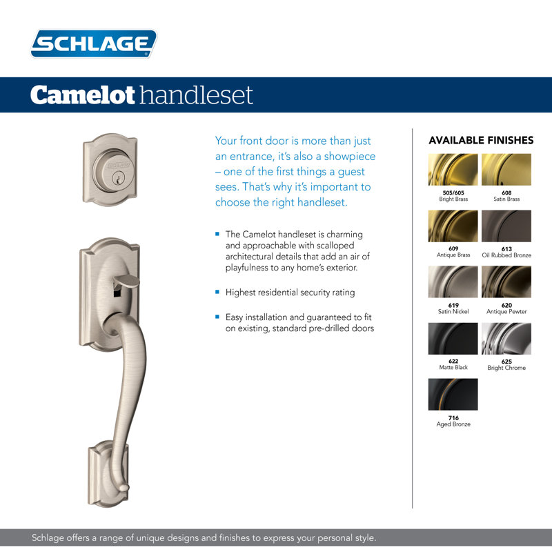 Camelot Handleset with Deadbolt and Accent Door Lever and Rosette, Antique Nickel, Right