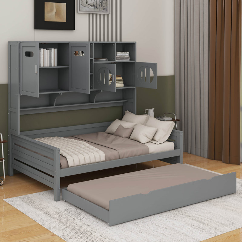 Lit de jour double en bois avec couchette et tablette, Lit double, Gris
