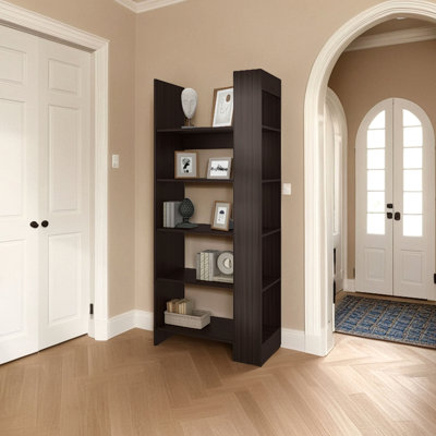 Bibliothèque ouverte à 5 tablettes, design contemporain pour présentation et rangement, noyer teint
