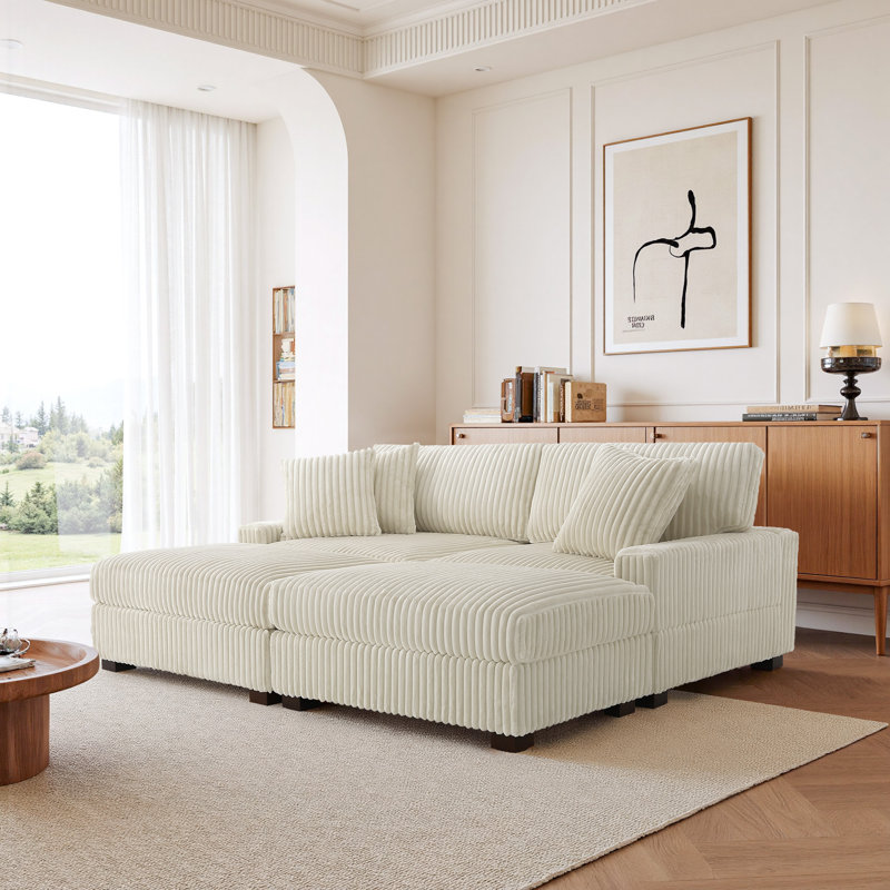 4 Seater Sectional, White Polyester/Foam Padding