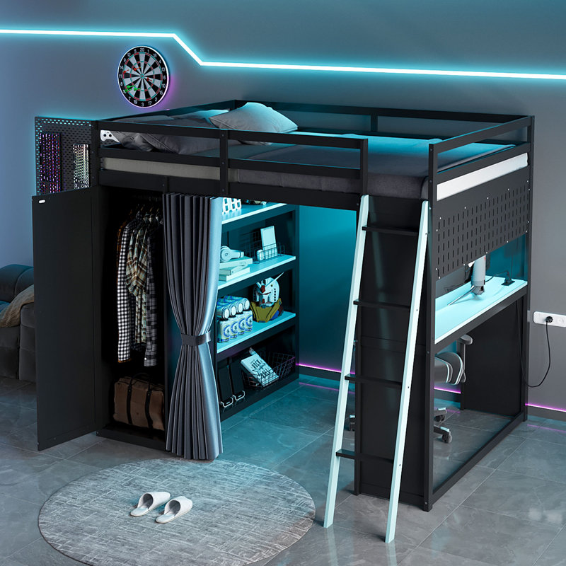 Full Size Loft Bed, Multi-Functional Workstation, E-Sports Desk, Shelves & Wardrobe, Sleek & Chic Modern, Teen Bedroom