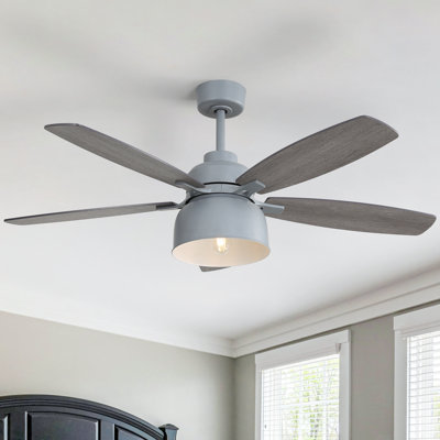52'' 5-blade Gray Wood Grain Farmhouse Ceiling Fan With Light Kit And Remote Control Dc Motor