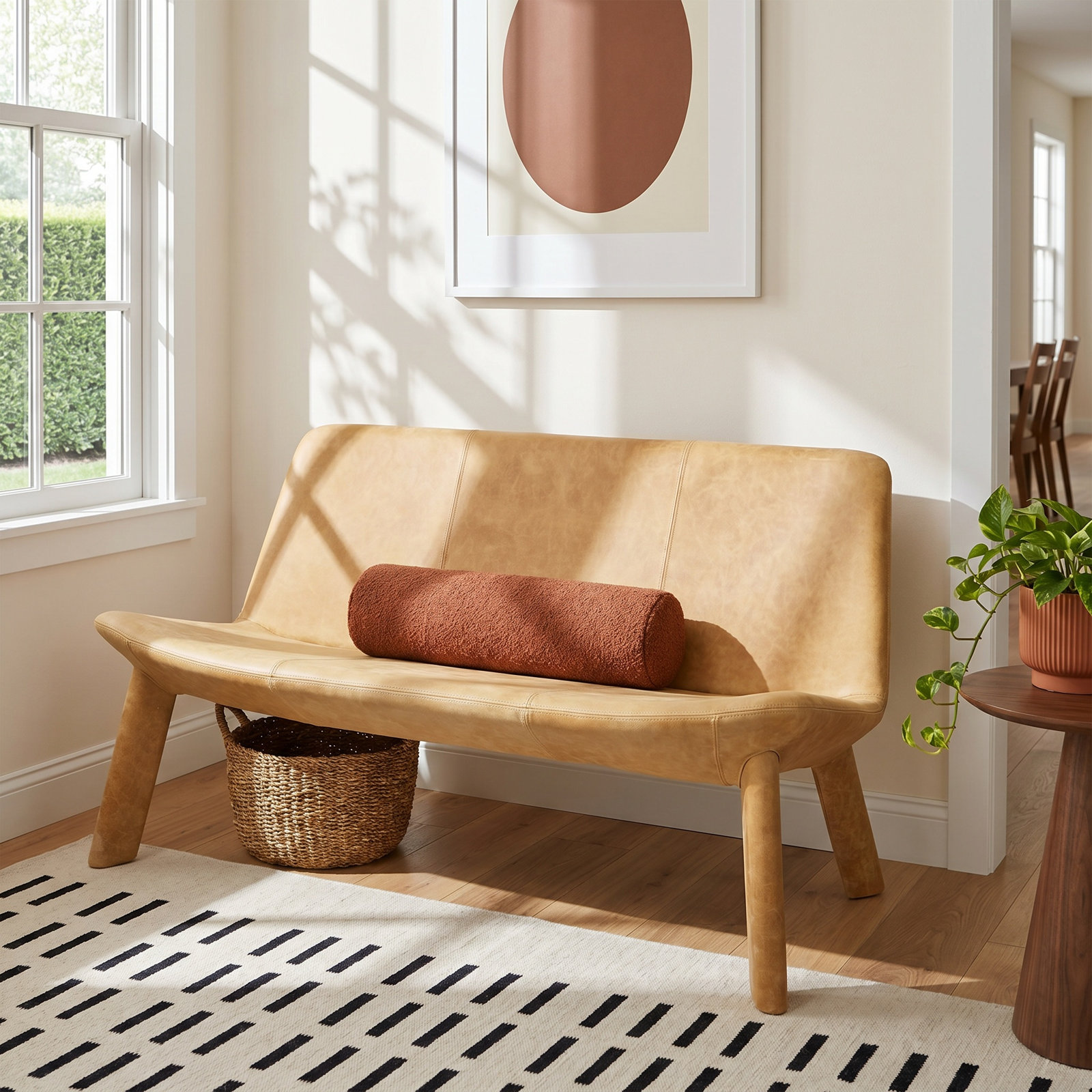 Neat Genuine Leather Bench, Camel Genuine Leather