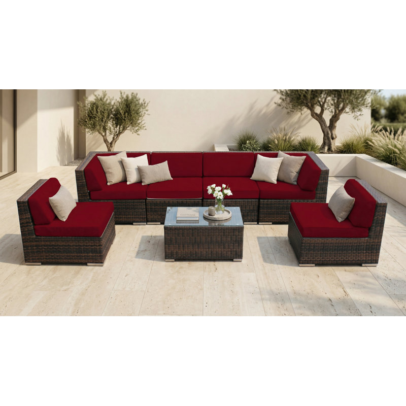 Ensemble de conversation en osier pour 6 personnes avec coussins Barneveld - sans assemblage, Toile Sunbrella® rouge Jockey