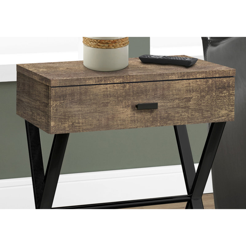 Table d'appoint moderne avec surface en stratifié brun et base en métal noir, convenant à un compartiment de rangement pour la chambre à coucher