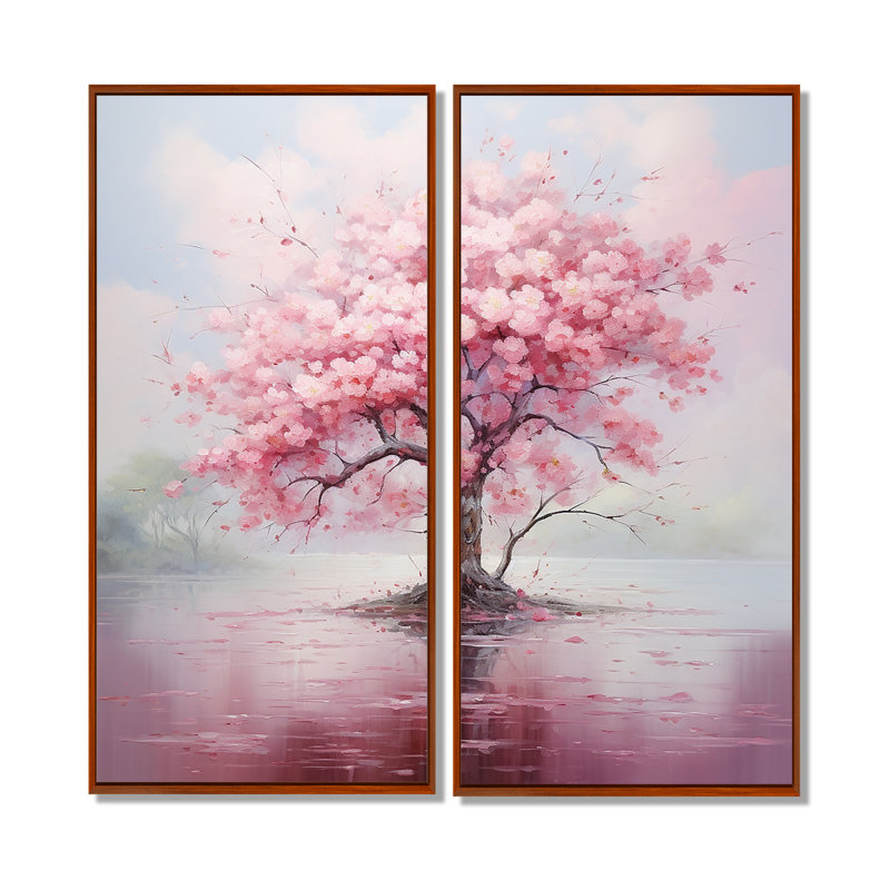 «Pink Cherry Blossom Romantic Impression III», art mural sur toile traditionnel rose, H 40 po x l 40 po, Brun