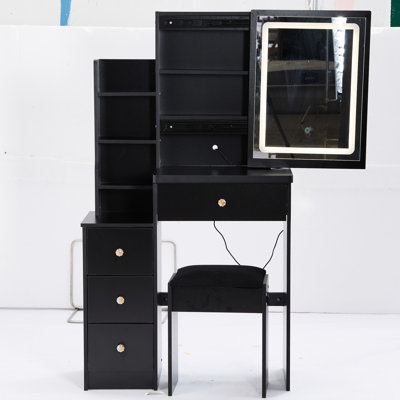 Coiffeuse noire avec miroir tactile à DEL coulissant, réglable en couleur, tabouret rembourré, idéale pour les petits espaces. Design américain.