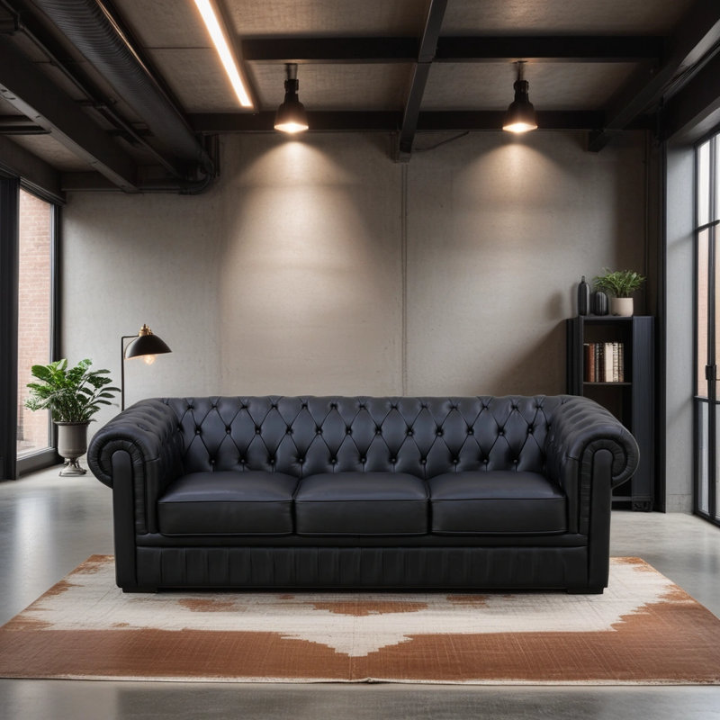 94.5" Genuine Cowhide Leather Chesterfield Sofa – Button Tufted, Scroll Arms & Handcrafted European Buckles