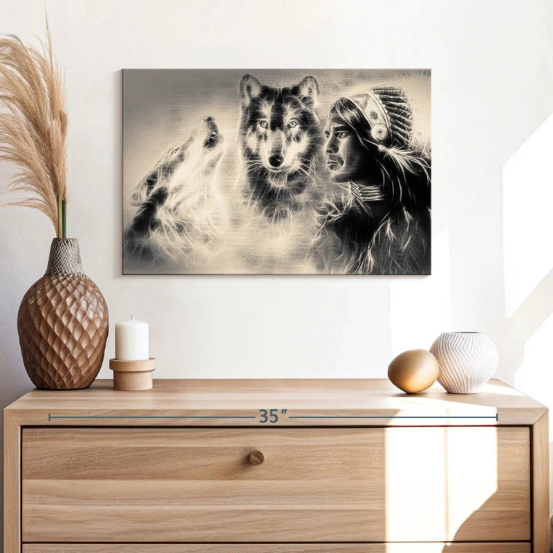 Leisha Native American Wolf Warrior, 16" H x 24" W