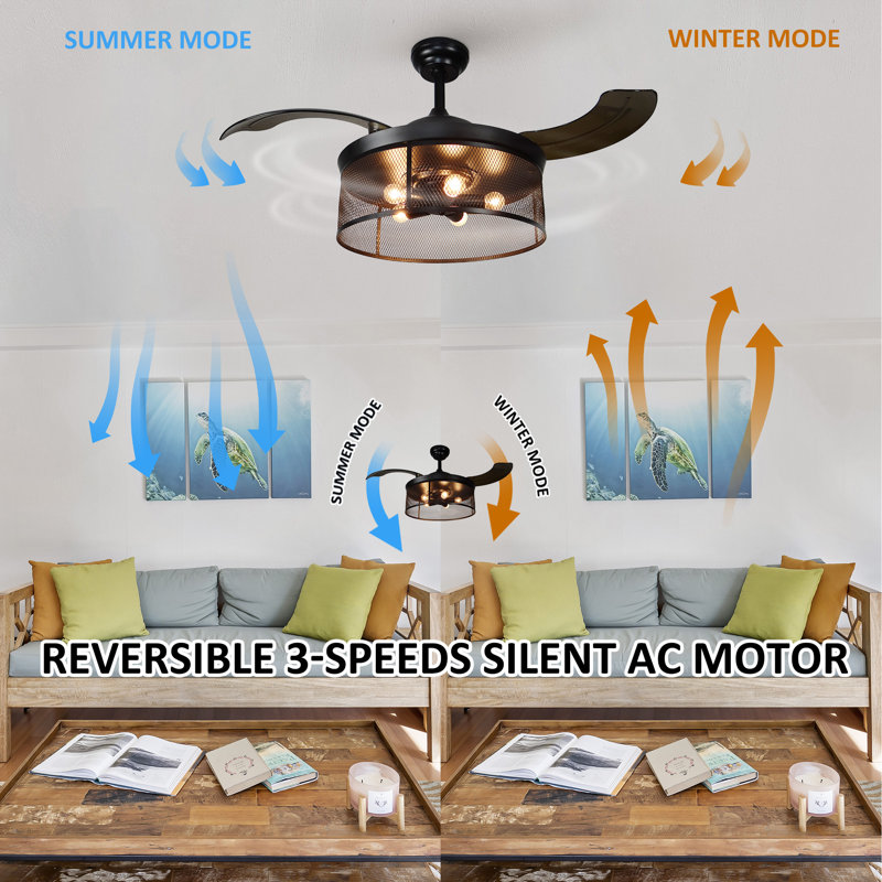 Ventilateur de plafond 42 po à 3 pales rétractables avec commande murale et ensemble d'éclairage inclus Mirya