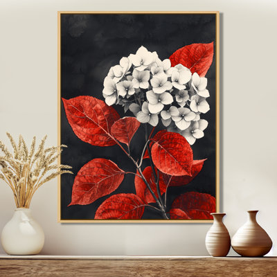 Hortensias monochromes avec feuilles rouges II - hydrangées grand art mural