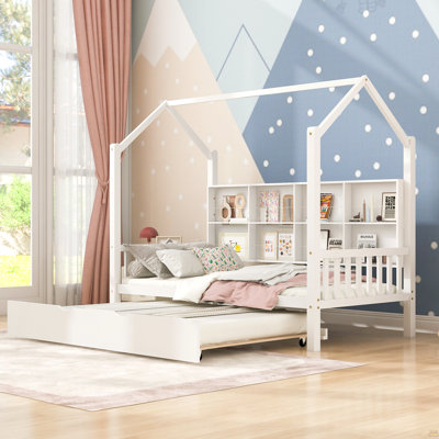 Wooden Twin Size House Bed With Trundle,Kids Bed With Shelf