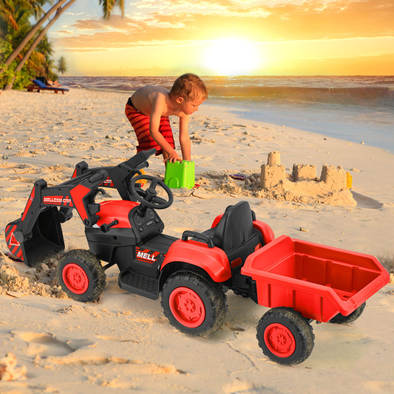 Erommy Red 12V Ride-On Excavator with Trailer and Remote Control