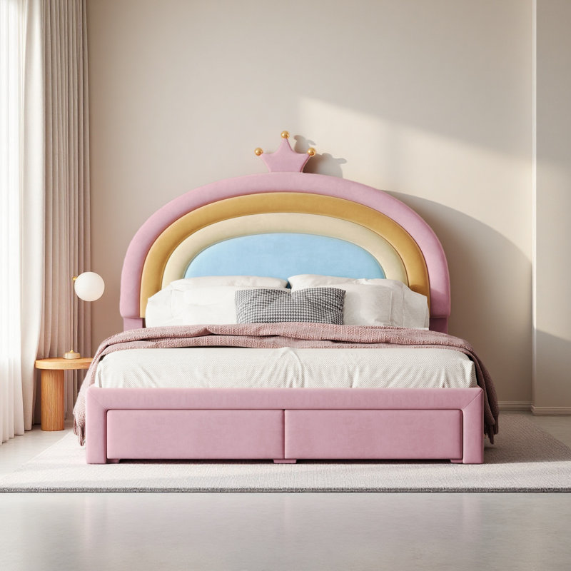 Lit tapissier arc-en-ciel design, lit plateforme en velours avec tiroir de rangement Princess, Lit double