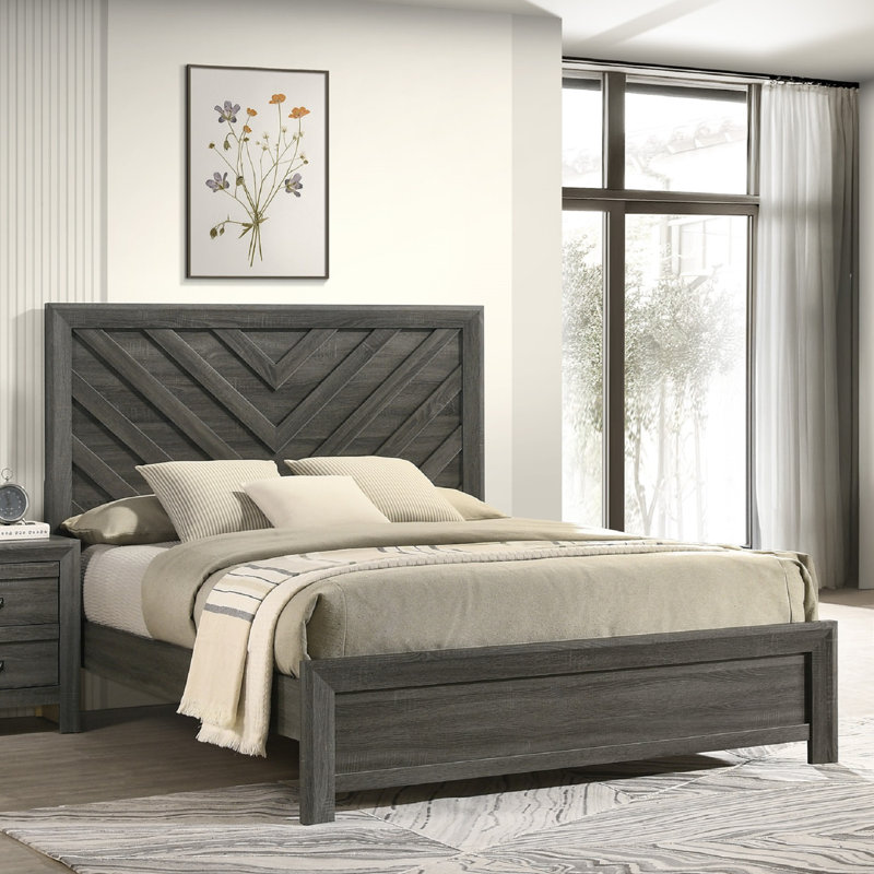 Lit, meubles de chambre à coucher en bois rustique, motif géométrique à chevrons, Lit double
