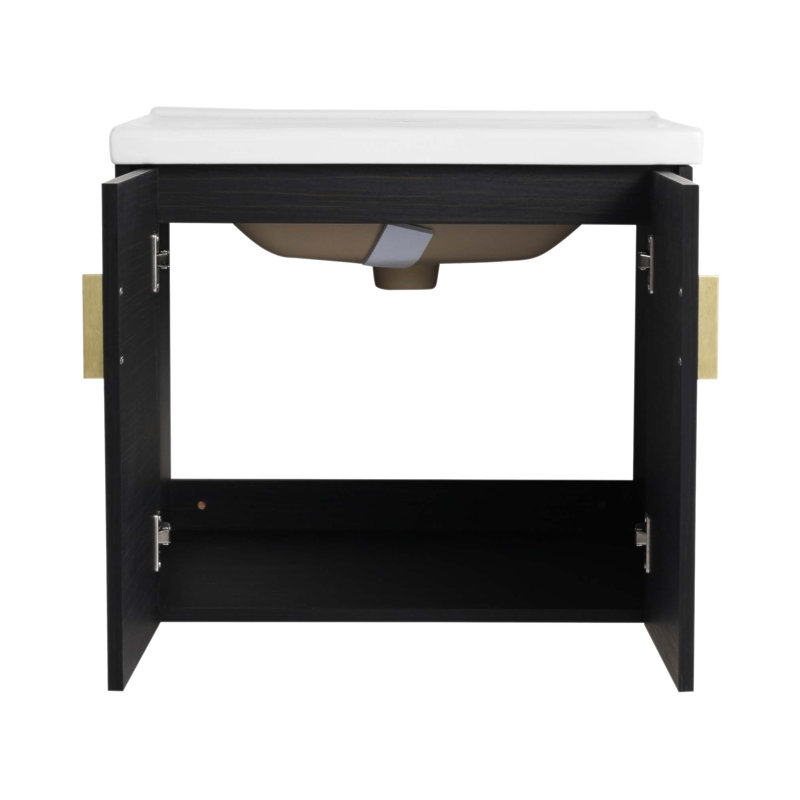 Meuble-lavabo mural 60 po avec portes à fermeture douce, lavabo en céramique et petites tablettes de rangement