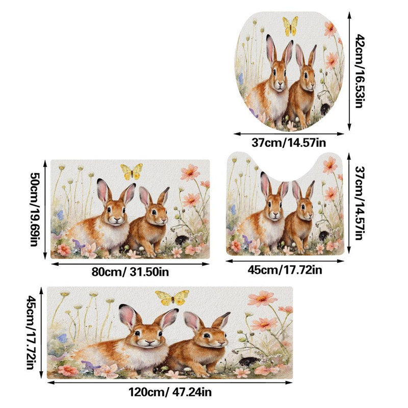 Ensemble de tapis de bain Watercolor Bunnies in Spring, 4 pièces pour la toilette