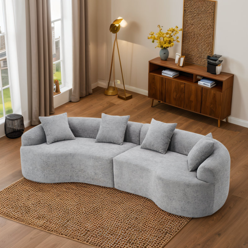 Canapé modulaire incurvé moderne en chenille de 105,6 po avec 4 coussins Boneless, Gris chenille