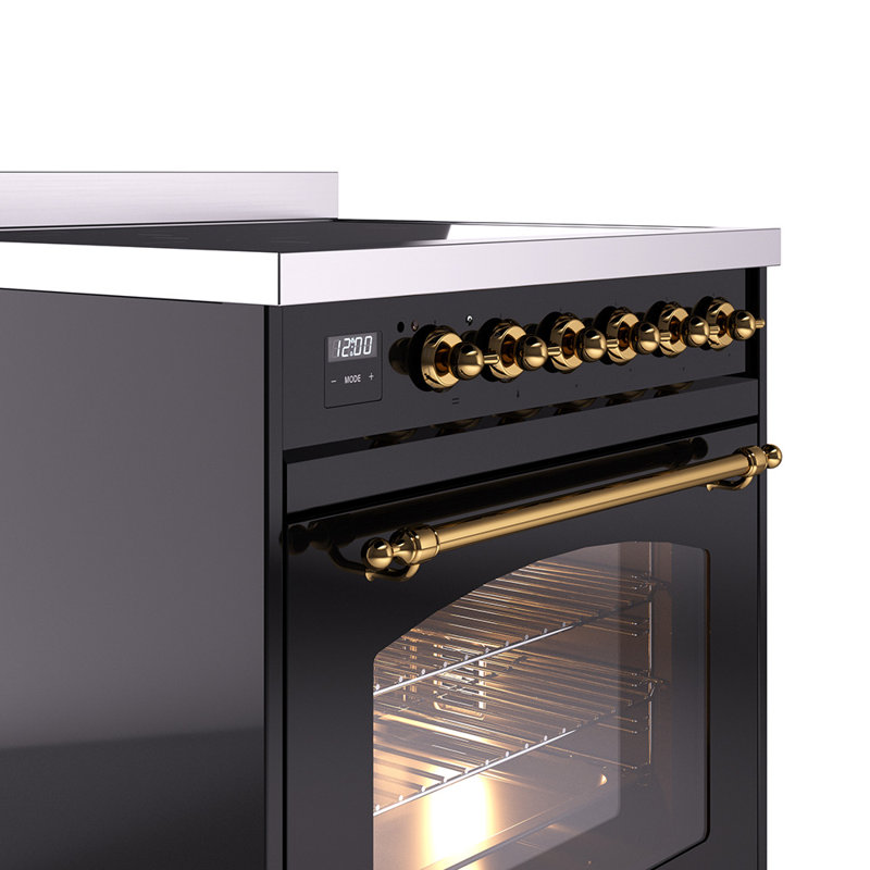Cuisinière à induction 30 pouces avec 4 plaques à induction ILVE Nostalgie II Series, Noir brillant / laiton