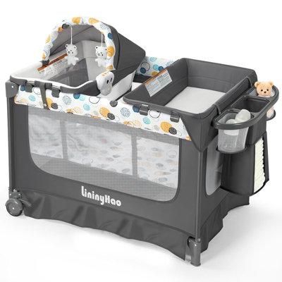 Parc pour bébé 5-en-1 pliable avec berceau, table à langer, gris et pois