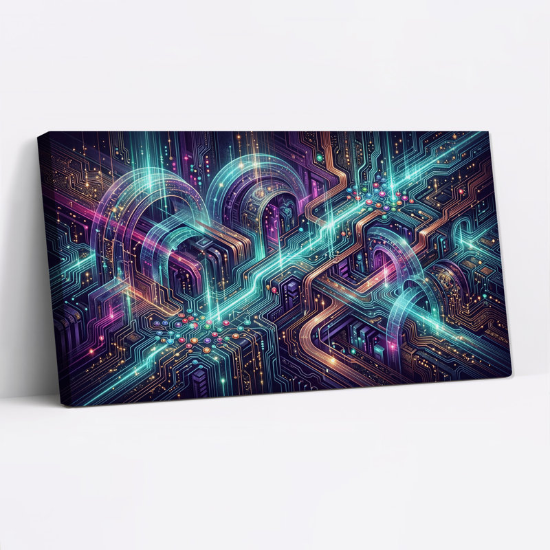 Arches de circuit futuristes en toile néon cyan et violet, L 58 po x H 28 po