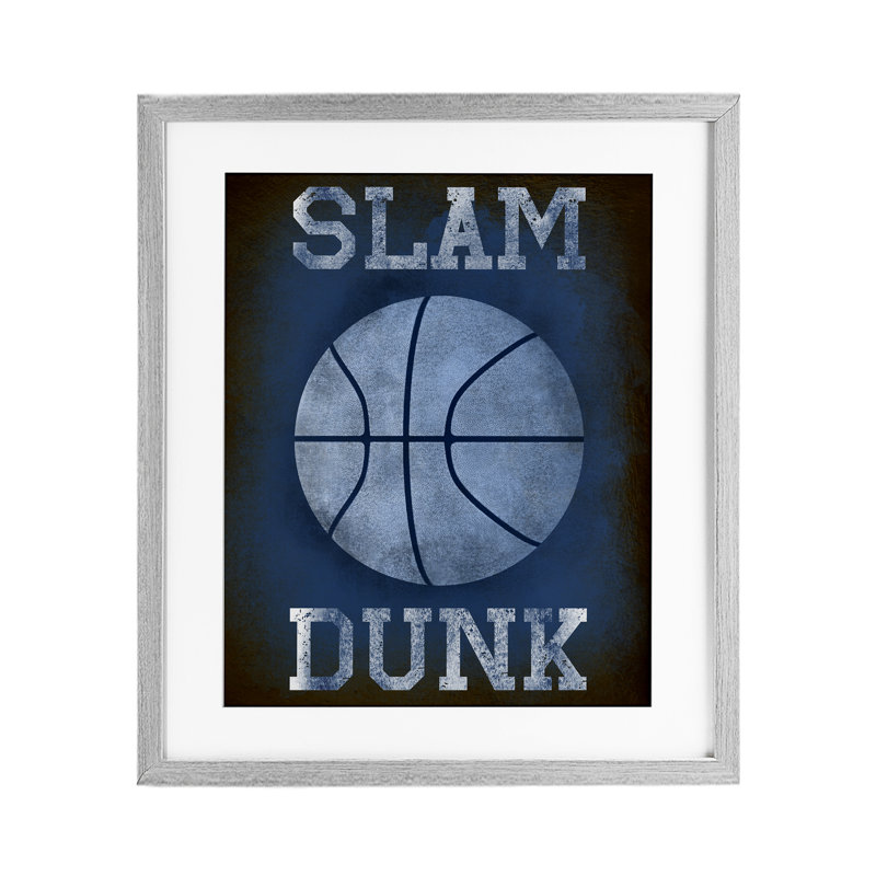 Slam Dunk bleu marine, reproduction encadrée sous verre, design par Marcus Prime, H 21 po x l 17 po, Cadre de ferme gris