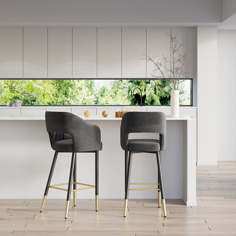 Tabouret de bar moderne à dossier bas en velours avec pieds en métal