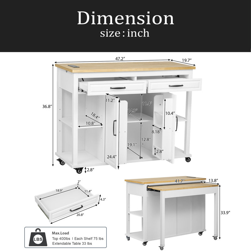 47 Inch Kitchen Island With Extendable Dining Table, Rubber Wood Veneer Kitchen Table With Internal Storage Rack, Power Outlet, Kitchen Island With Storage 2 Drawers 2 Cabinet