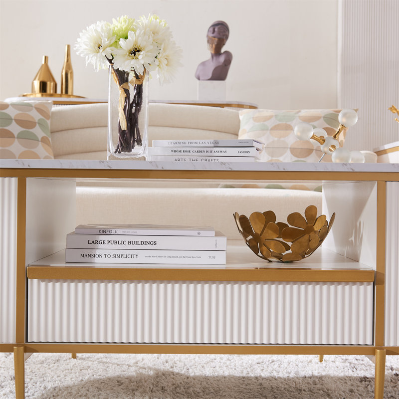 Table basse ovale avec rangement Roseellen, Blanc / marbre gris clair, Blanc