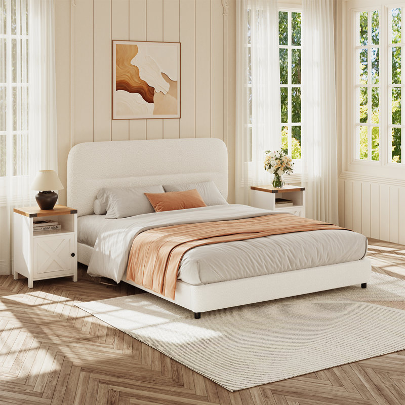 Ensemble de chambre à coucher 3 pièces, ensemble de lit avec ensemble de 2 tables de chevet, Double, Blanc / blanc