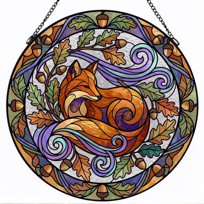 Fox Autumn Stained Glass Window Panel，12"H
