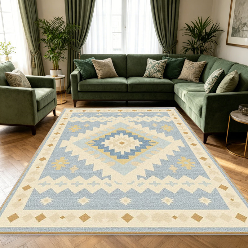 Light Blue Tribal area rugs for Living Room, Soft and Comfortable, Suitable for all seasons, easy to maintain, machine washable Indoor floor mat, Under Table Farmhouse suitable for Bedroom, Dining Room, Study,  Balcony, Home Decor Patio