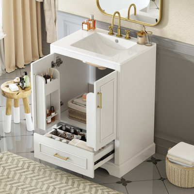 24"Bathroom Vanity With Sink, MDF Cabinet With Solid Wood Frame, 1 Divided Drawer And 2 Soft Close Doors With Double Shelf On The Door, Freestanding Vanity