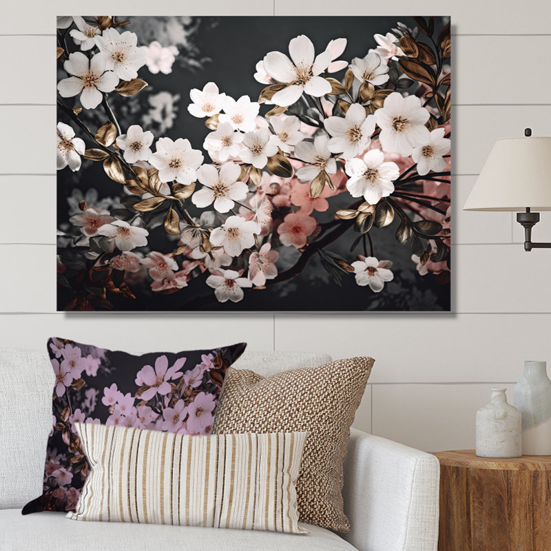 Branche avec fleurs de cerisier roses et blanches sur toile, H 24 po x l 32 po, Toile tendue