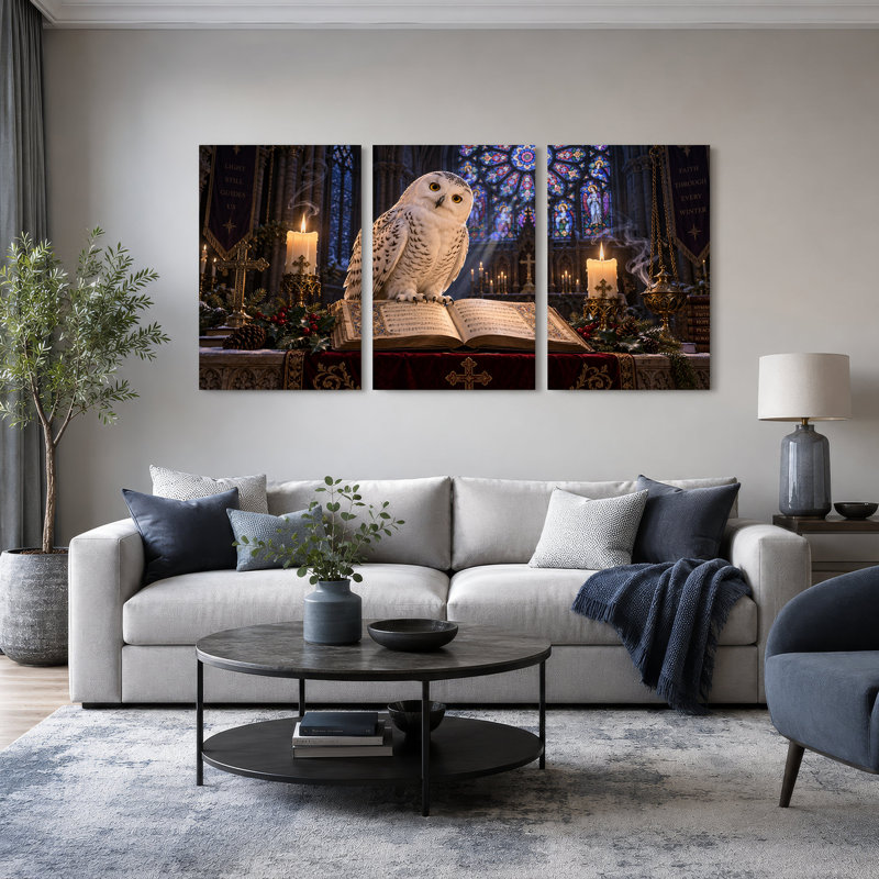 " Snowy Owl on Open Book in Candlelit Christmas " 3 Piece Art, 36"W x 18"H Overall - 3 Panels