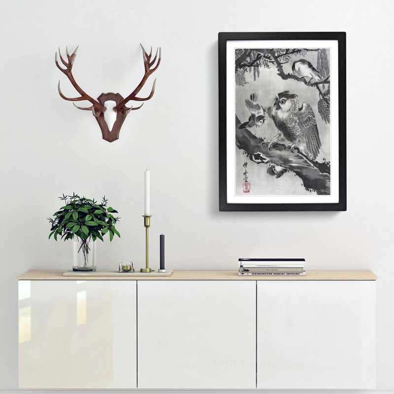 Birds with an Owl by Kawanabe Kyosai - Picture Frame Painting Print, 65cm H x 48cm W x 2cm D, Black Framed