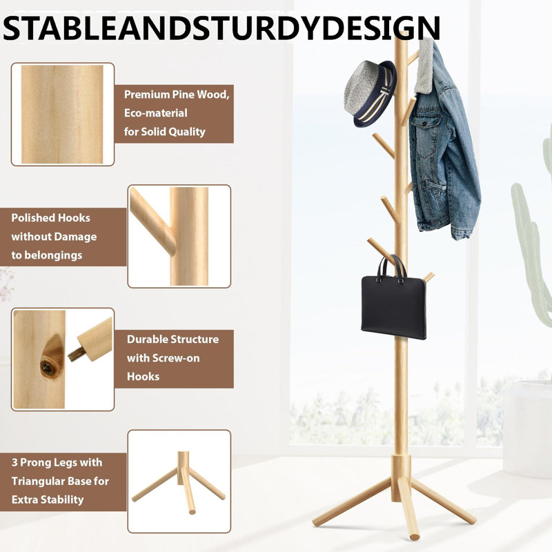 Lathaniel Freestanding 8 - Hook Coat Rack, Natural