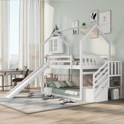  Twin over Twin House Bunk Bed Frame with Convertible Slide and Sturdy Storage Staircase White
